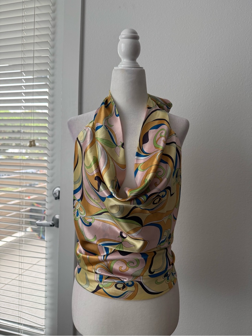 Rampage Swirl Print Satin Halter Scarf Top in Pink, Gold, Blue, Green